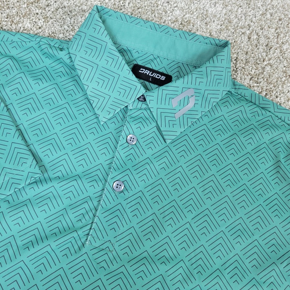Druids Mens Large Green Black AOP Geometric Performance Stretch Polo SS